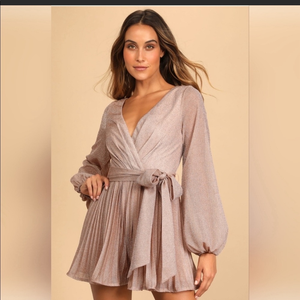 Lulu's Glittering Beige Wrap Mini Dress